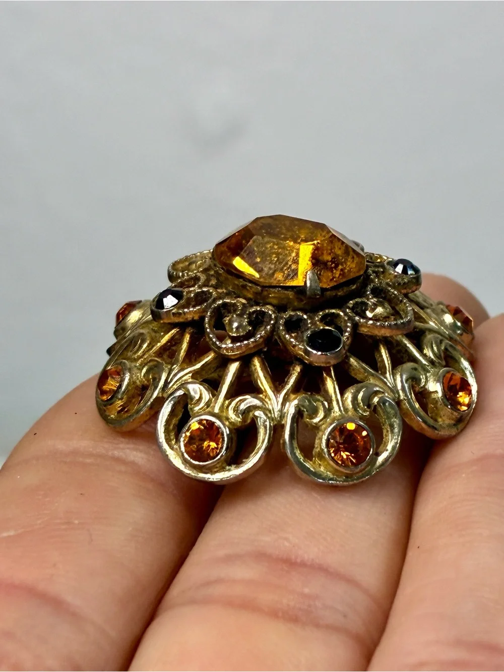 Coro Gold-Tone Heart Shaped Ornate Filigree Brooch with Amber and Black Stones